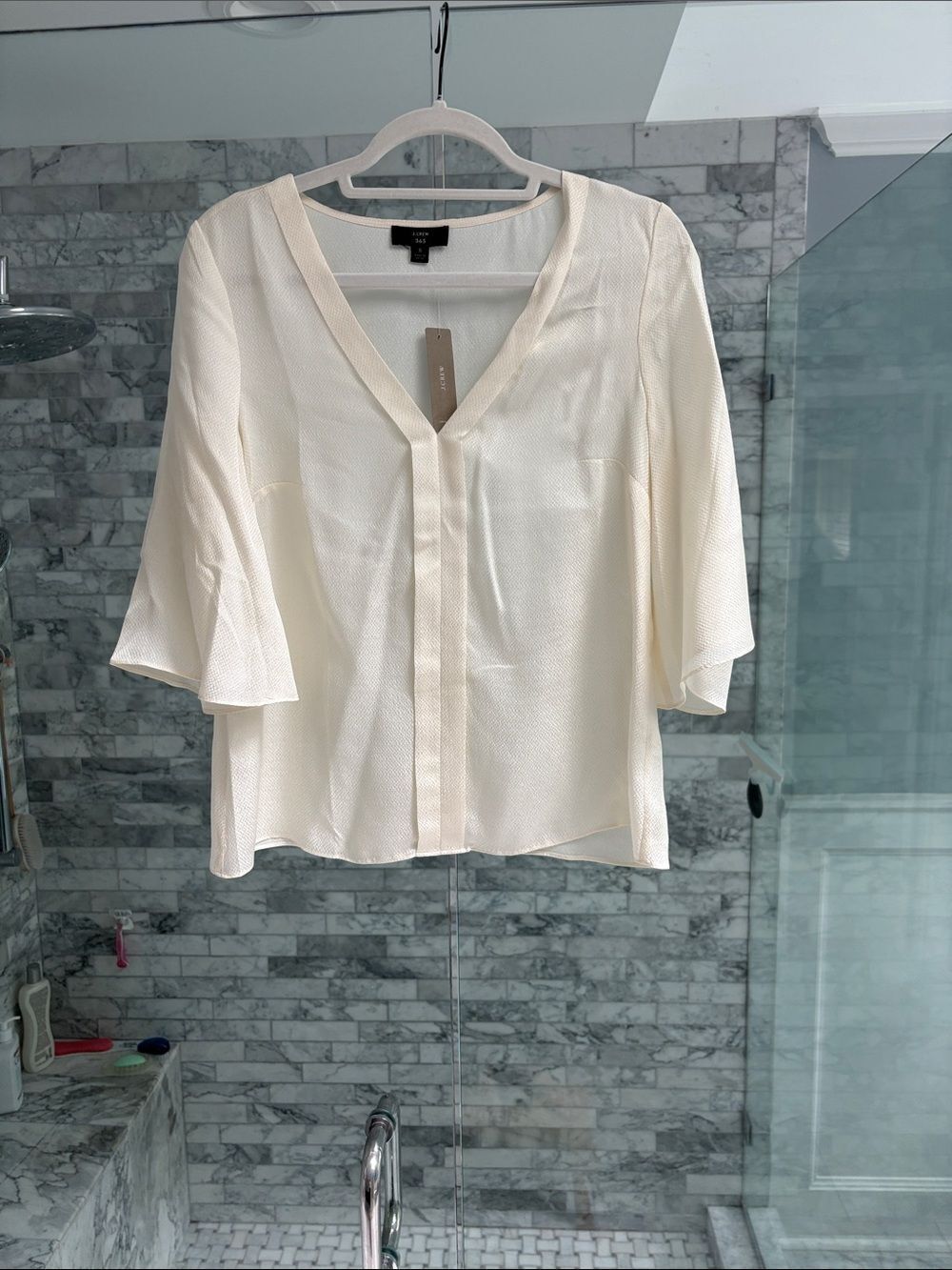 J. Crew Cream V-Neck Textured Blouse with Elbow Sleeves